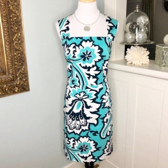 Banana Republic Floral Sheath Dress Teal Green & White 10 Medium - Picture 3 of 9